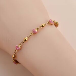 18K Gold Plated Stainless Pink Heart Beaded Bracelet Dainty Crystl Pendant Chain